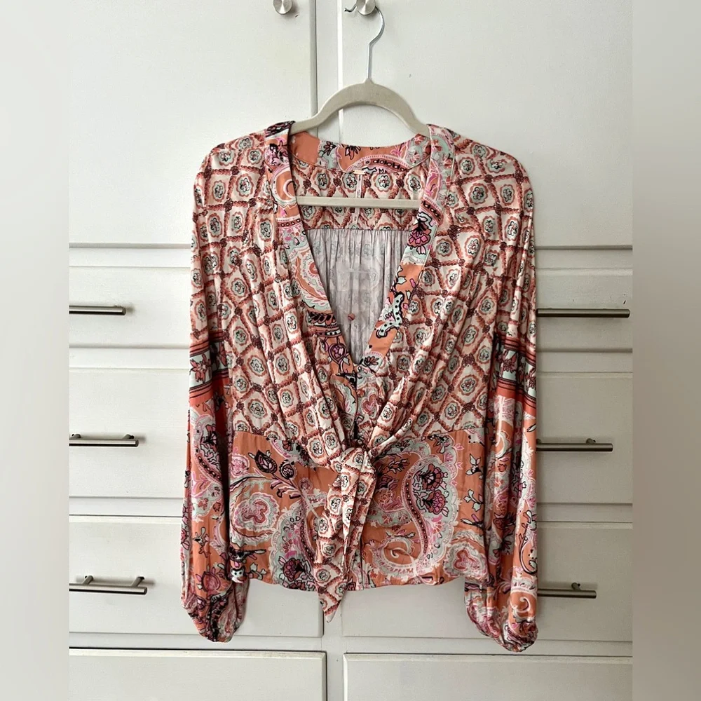 Free People Peach Paisley Tie-Front Blouse - Picture 3 of 11
